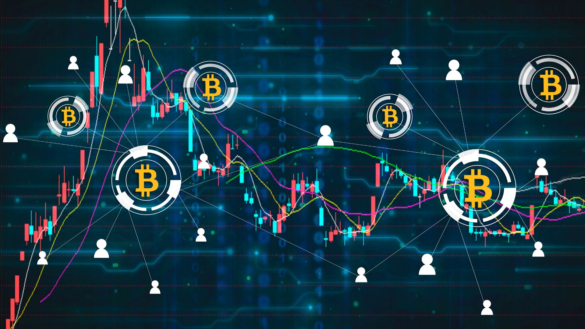 Биткойн символи графика японски свещи бинарен код мрежа свързаност