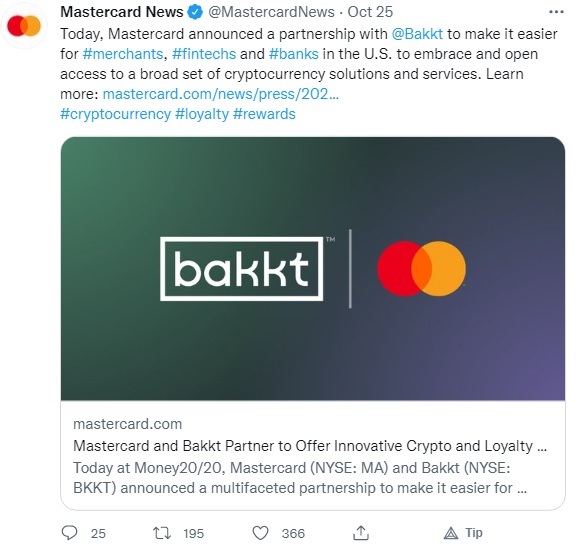 MasterCard Bakkt партньорско криптовалути